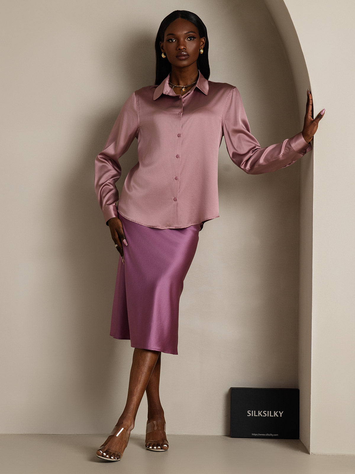 [Pale Mauve] SilkSilky-CA Silk Long Sleeve Lapel Collar Women's Shirt 007