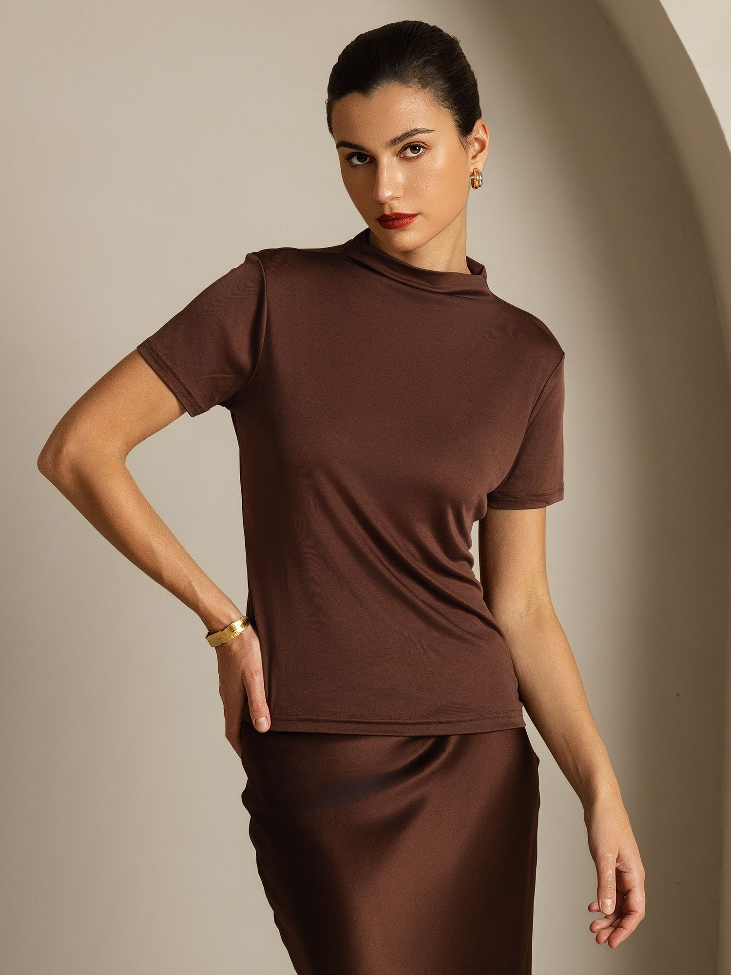[Coffee] SilkSilky-CA Pure Silk Collar Women's T-Shirt 001