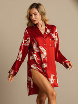 [Dark Red] SilkSilky-CA 19Momme Long Sleeve Notch Collar Nightshirt 001
