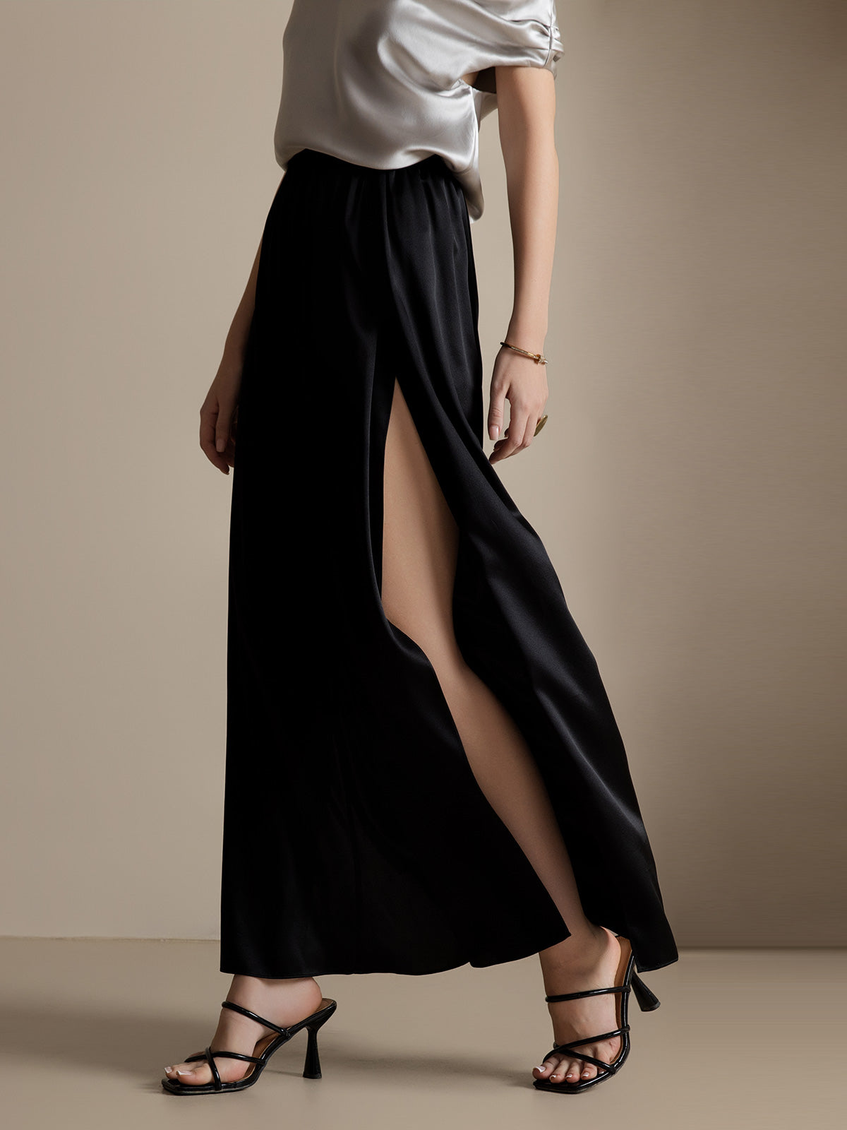 [Black] SilkSilky-CA 19Momme Silk Split Women's Pants 003