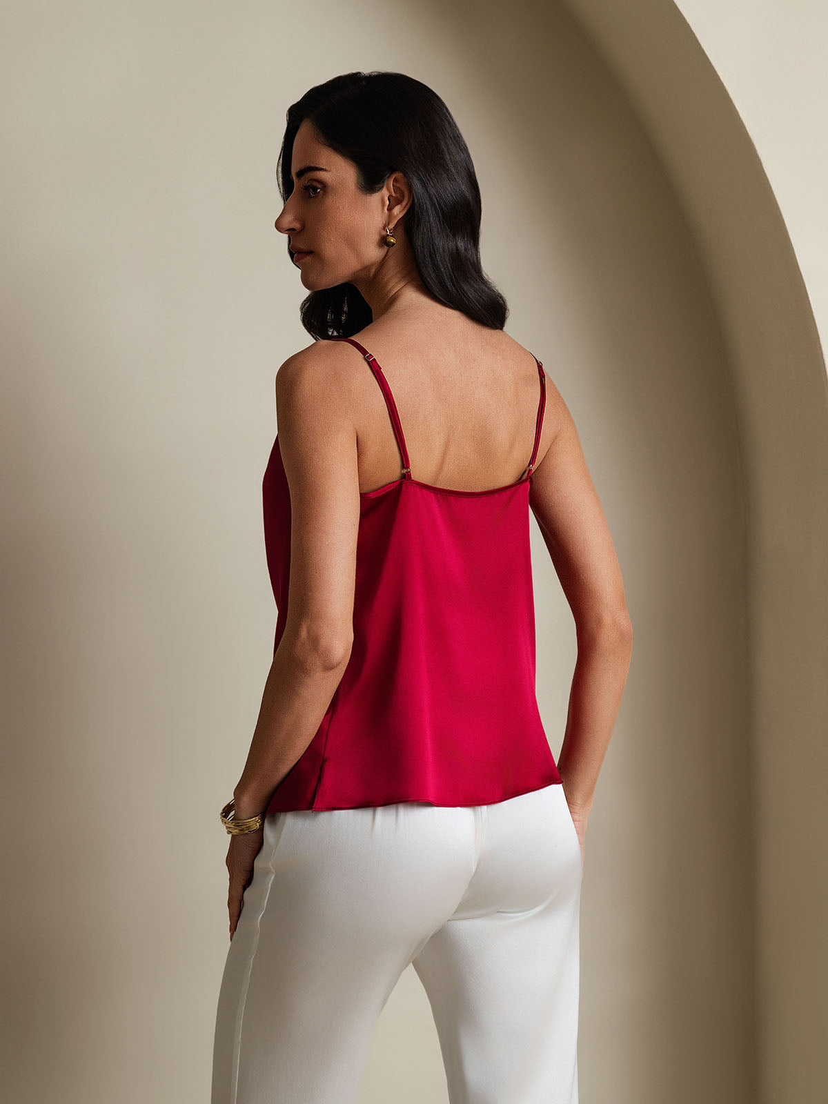 [Wine] SilkSilky-CA 19Momme Stretch Silk Charmeuse Spaghetti Strap Cowl Neck Camisole 002