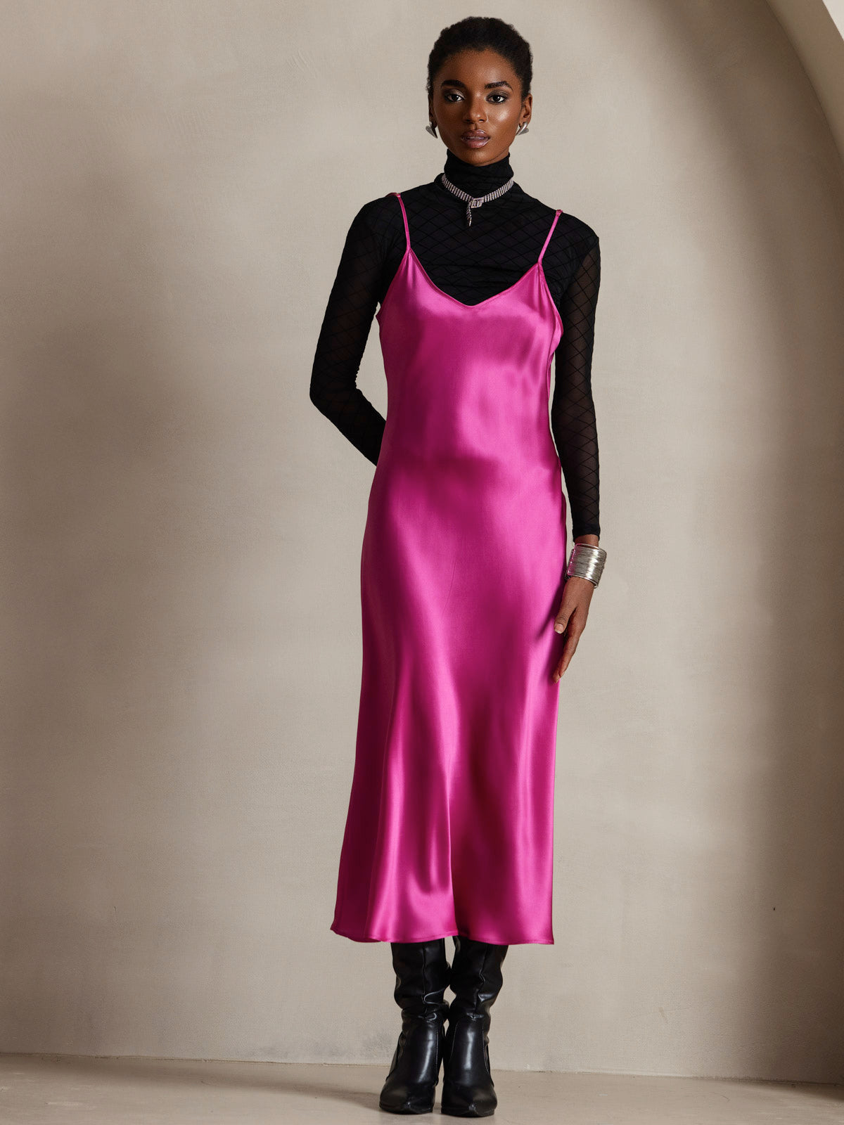 [Rose Red] SilkSilky-CA Pure Silk Round Neck Dress 007