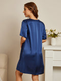 SilkSilky-CA Pure Silk Short Sleeve V Neck Nightgown DarkBlue 002