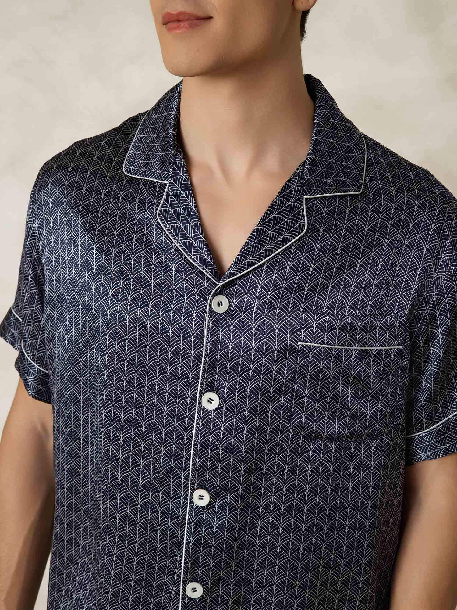 [NavyGinkgo] SilkSilky-CA Pure Silk Lapel Collar Men's Pajamas 007