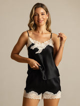 [Black] SilkSilky-CA Spaghetti Strap V Neck Camisole Set 003