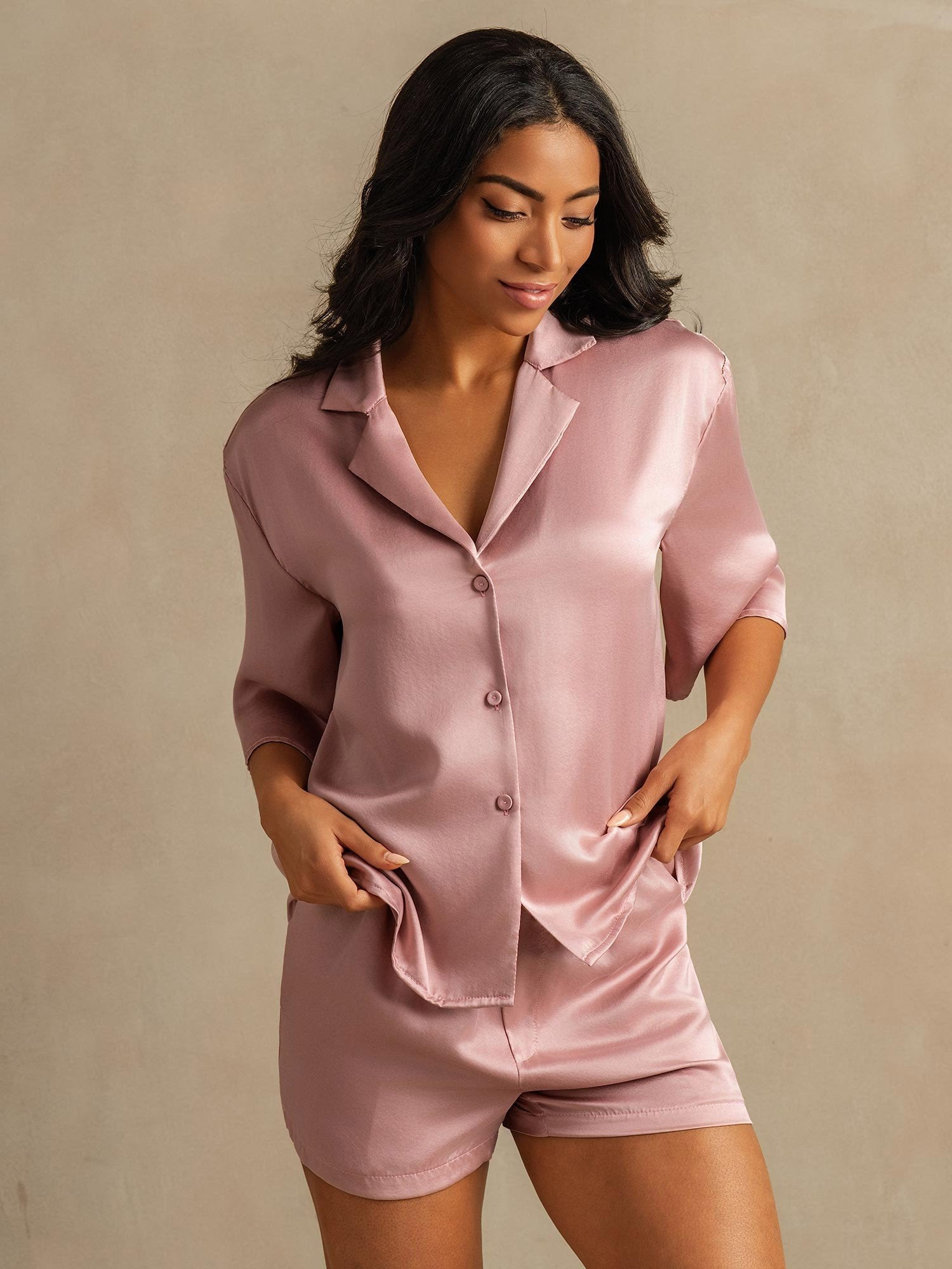 [Peach Skin] SilkSilky-CA 19Momme Machine-Washable Silk Notch Collar Women's Pajamas 003