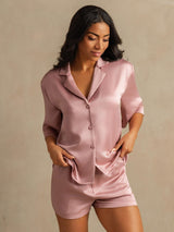 [Peach Skin] SilkSilky-CA 19Momme Machine-Washable Silk Half Sleeve Notch Collar Women's Pajamas 003