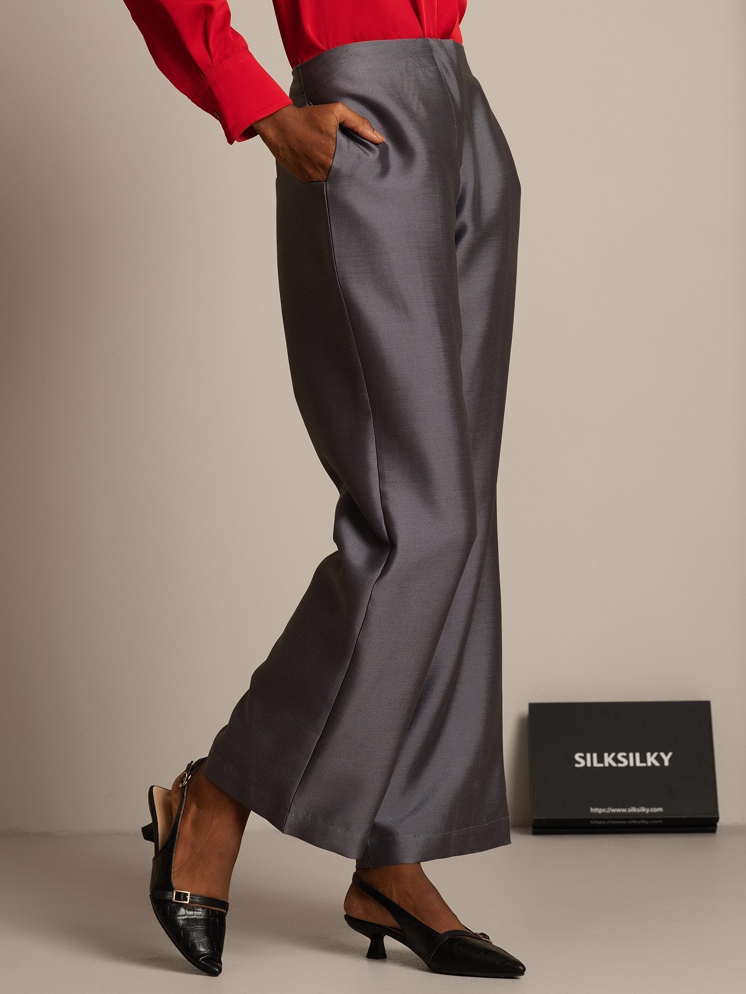 [Gray] SilkSilky-CA 32Momme Silk-Wool Blend Womens Pants 003,