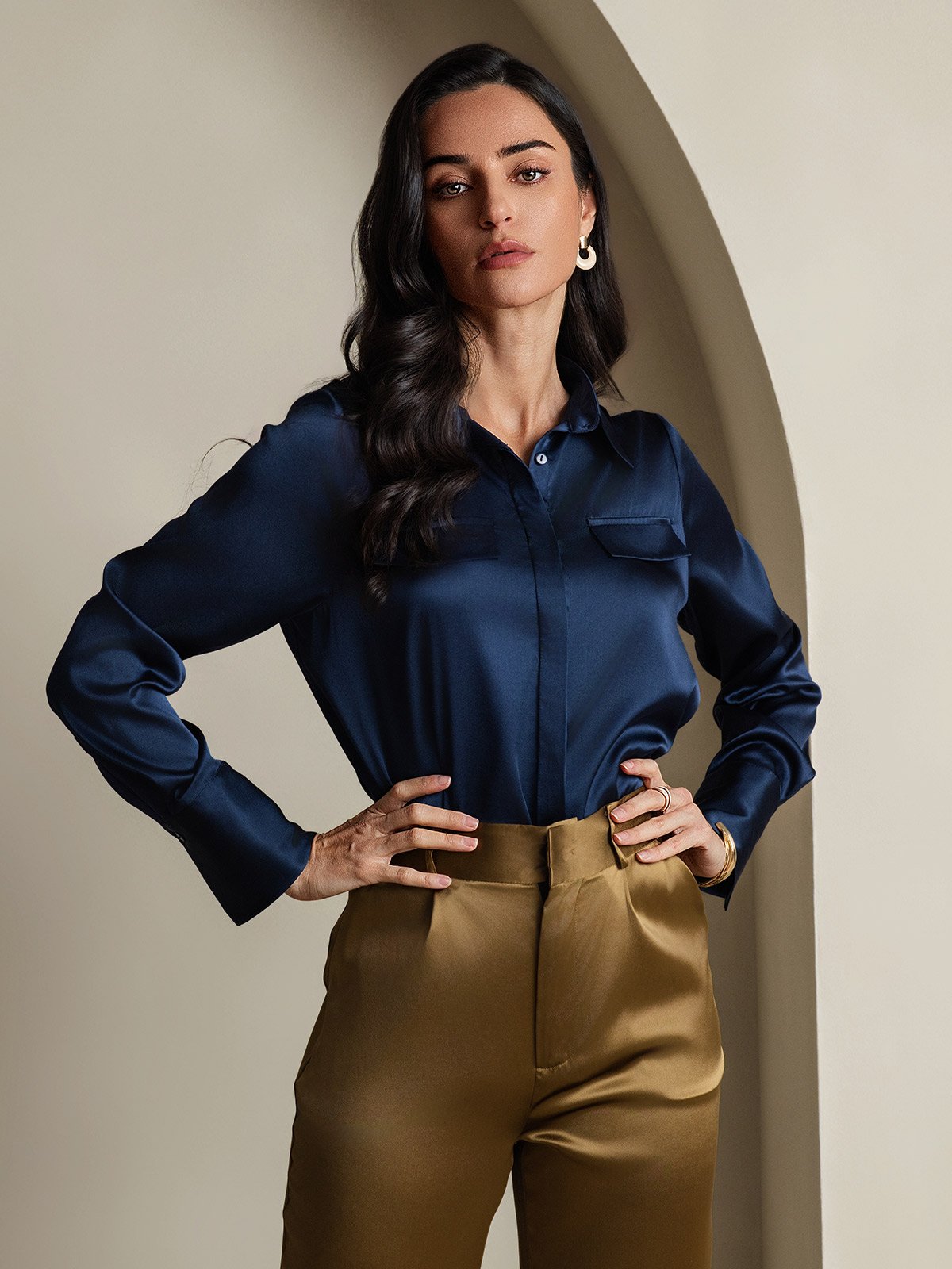 SilkSilky-CA 19Momme Silk Long Sleeve Collar Women's Shirt DarkBlue 003