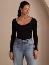 [Black] SilkSilky-CA Long Sleeve U Neck Women's T-Shirt 003