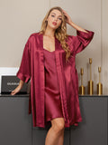 SilkSilky CA Pure Silk 3/4 Sleeve Nightgown&Robe Set Wine 004