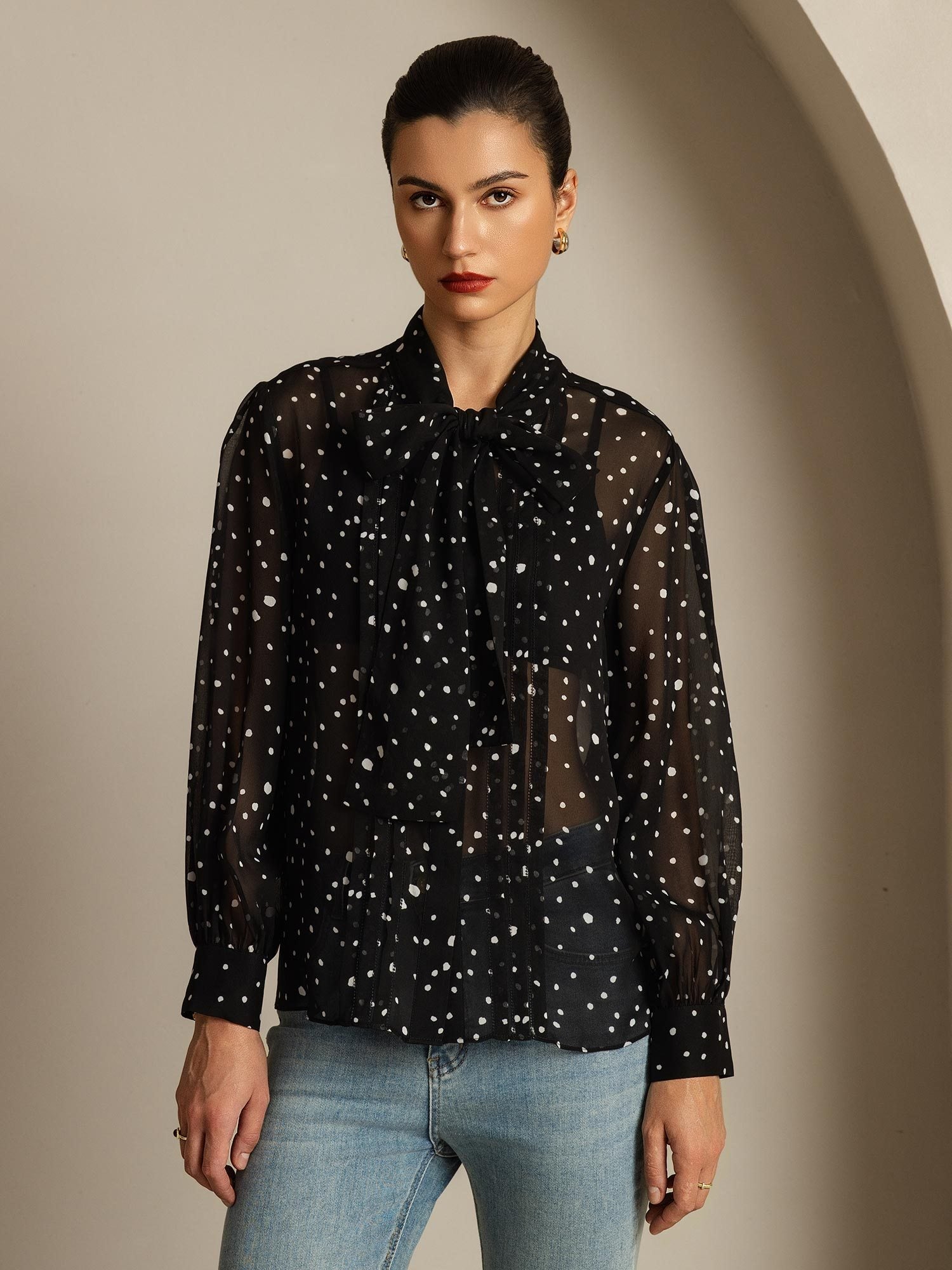 [PolkaDot] SilkSilky-CA Pure Silk Tie Neck Women's Shirt 003