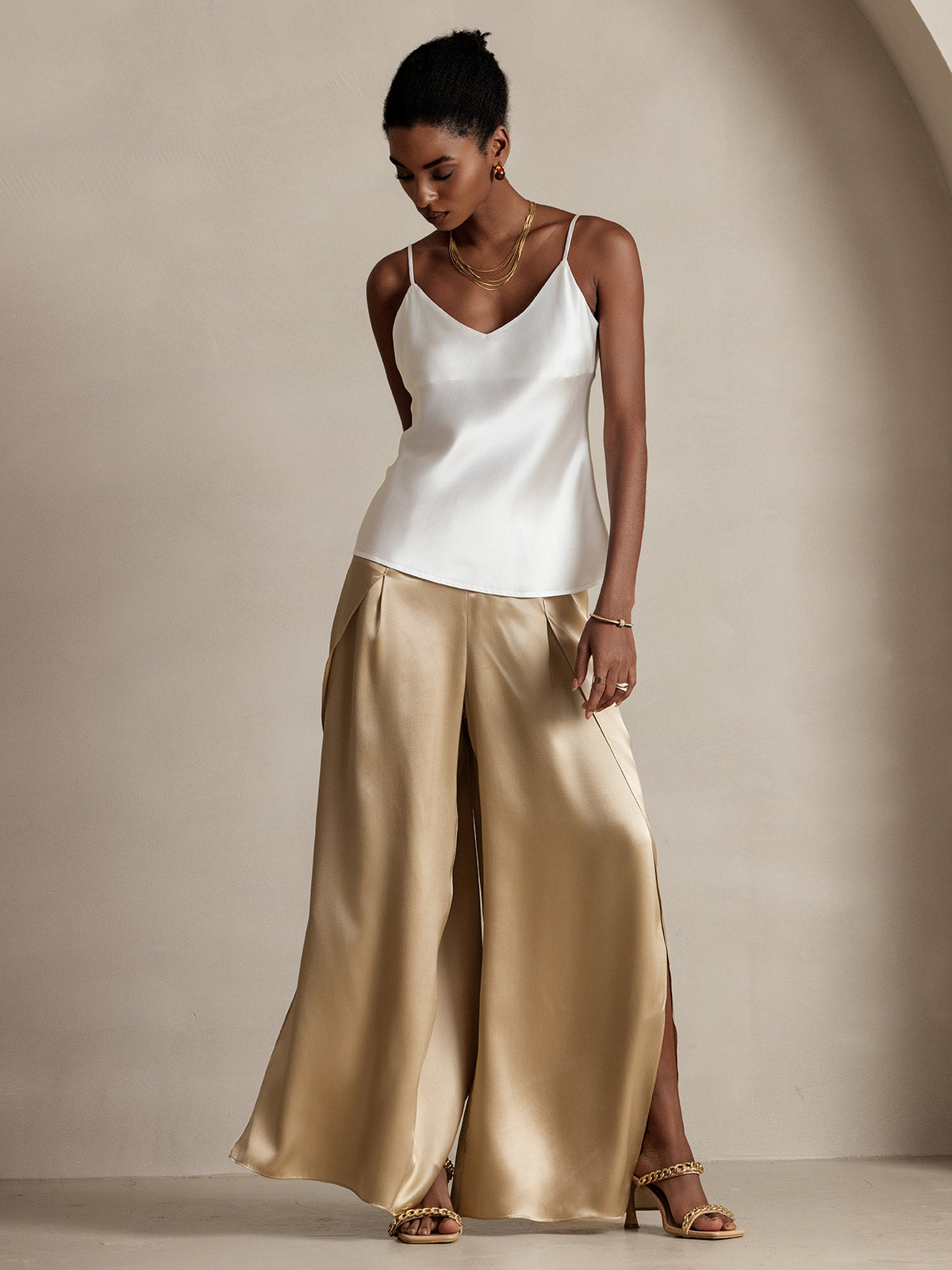 [Champagne] SilkSilky-CA 19Momme Silk Split Women's Pants 005