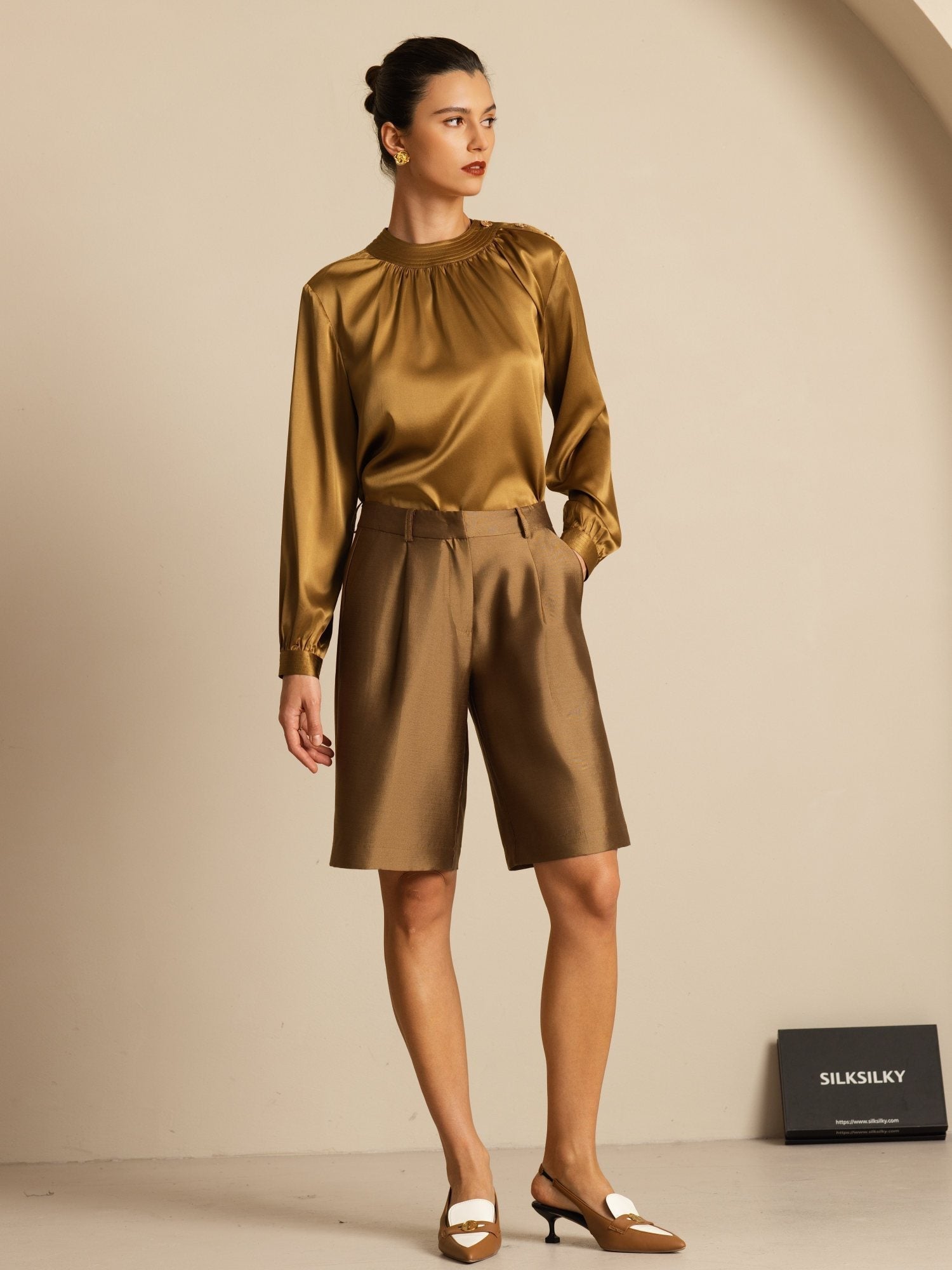 [Bronze] SilkSilky-CA 19Momme Stretch Silk Charmeuse Long Sleeve Round Neck Blouse 007
