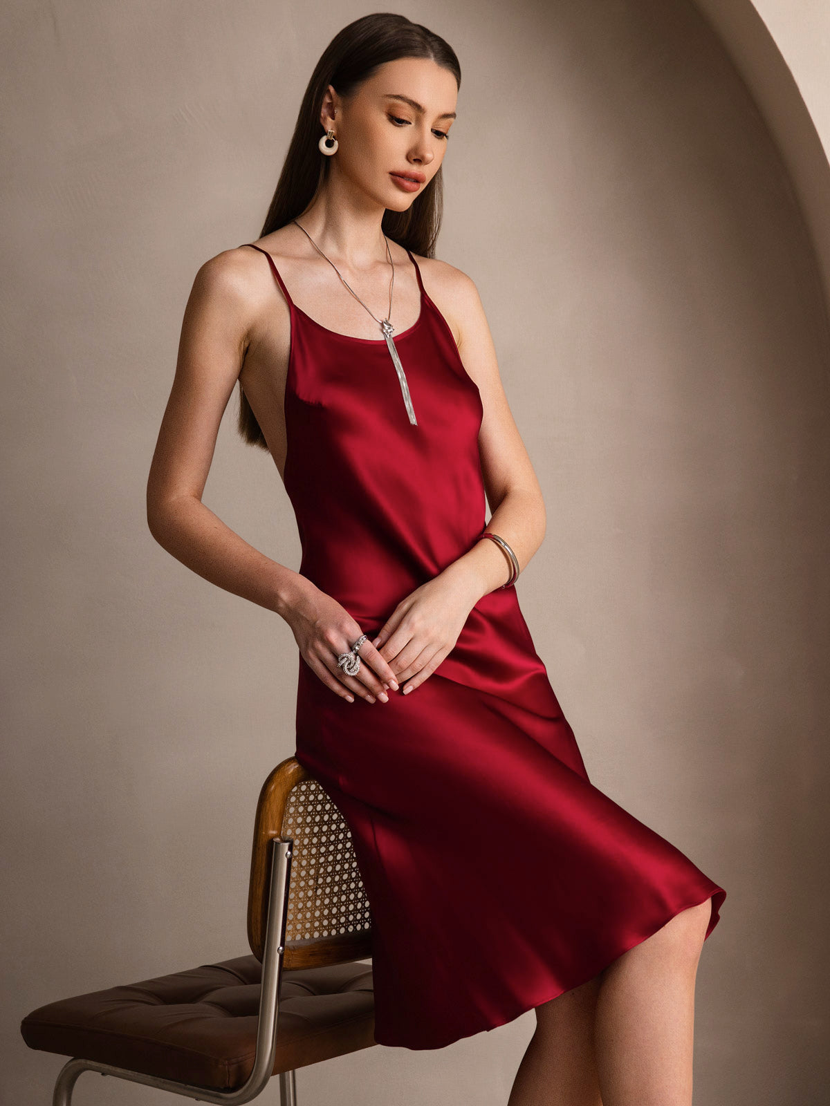 [Wine] SilkSilky-CA Pure Silk Round Neck Dress 001