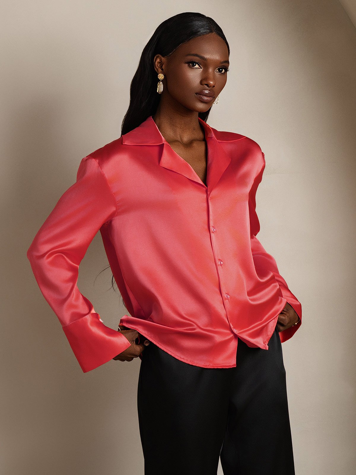SilkSilky-CA 19Momme Silk Long Sleeve Lapel Women's Shirt ImperialRed 005