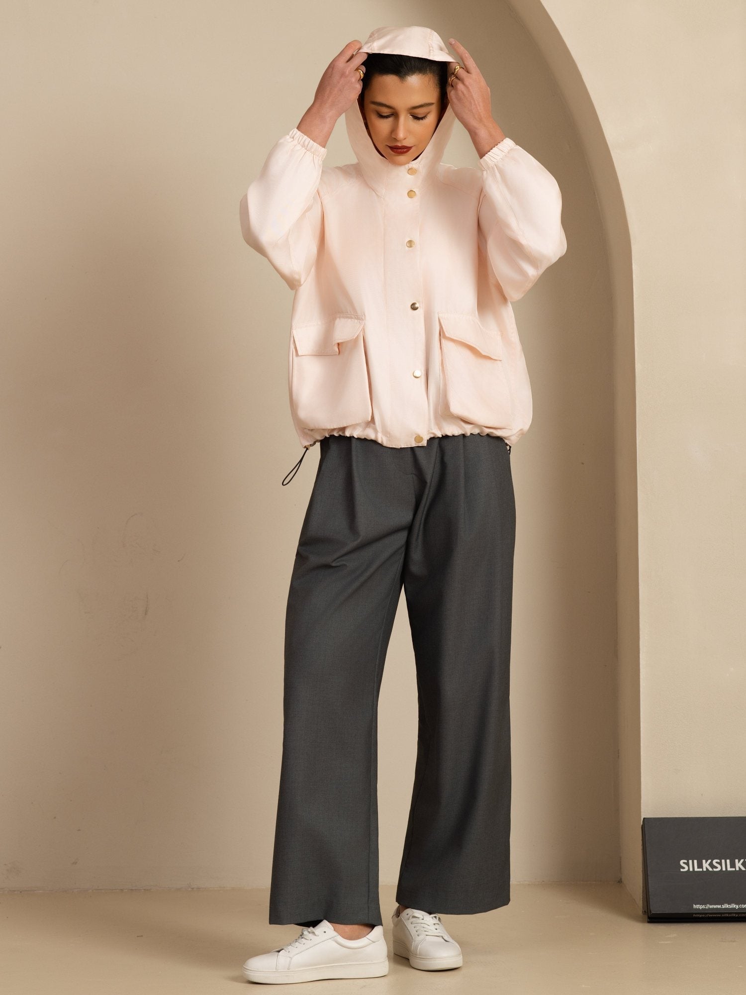 [Pink] SilkSilky-CA Silk Satin Surah Long Sleeve High Neck Women's Outerwear 008