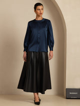 [Dark Blue] SilkSilky-CA 19Momme Long Sleeve Round Neck Blouse 008