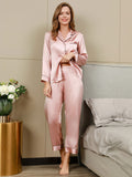 SilkSilky-CA Pure Silk Long Sleeve Lapel Women's Pajamas Pink 001