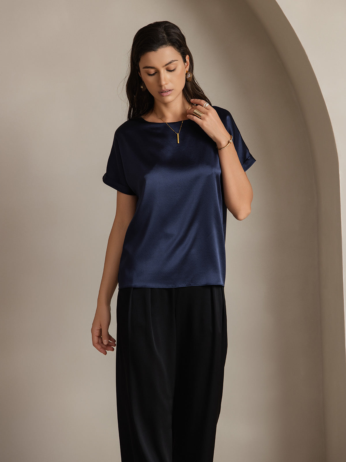 [Dark Blue] SilkSilky-CA 19Momme Silk Round Neck Women's T-Shirt 003,
