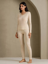 [Beige] SilkSilky-CA Long Sleeve V Neck Women's Long Johns 007