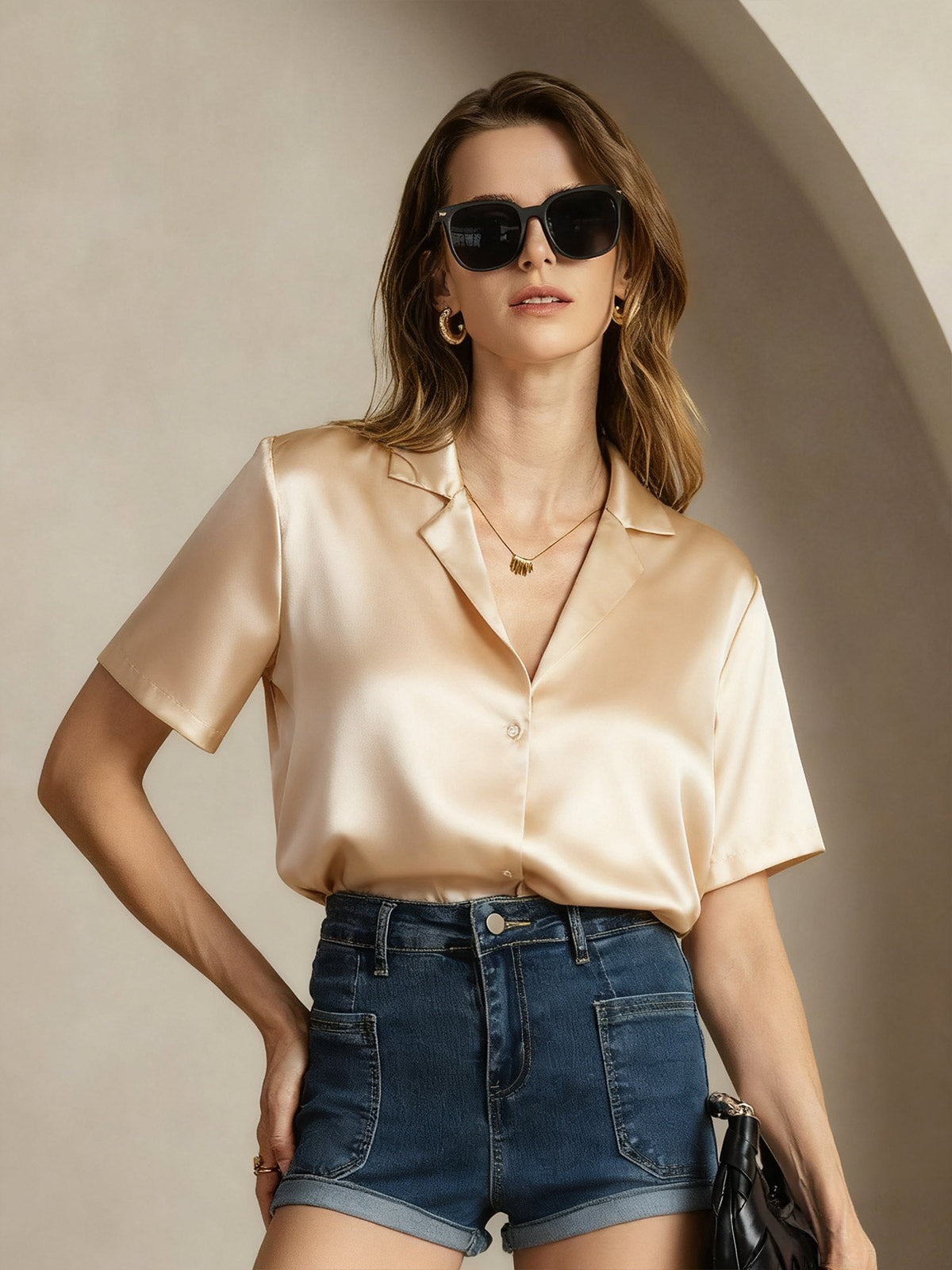 [Champagne] SilkSilky-CA 19Momme Silk Notched Neck Women's Shirt 005