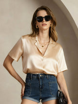 [Champagne] SilkSilky-CA 19Momme Silk Notched Neck Women's Shirt 005