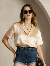 [Champagne] SilkSilky-CA Short Sleeve Lapel Collar Women's Shirt 005