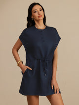 [Dark Blue] SilkSilky-CA 18Momme Silk Satin Surah Cap Sleeve Henley Neck Dress 003