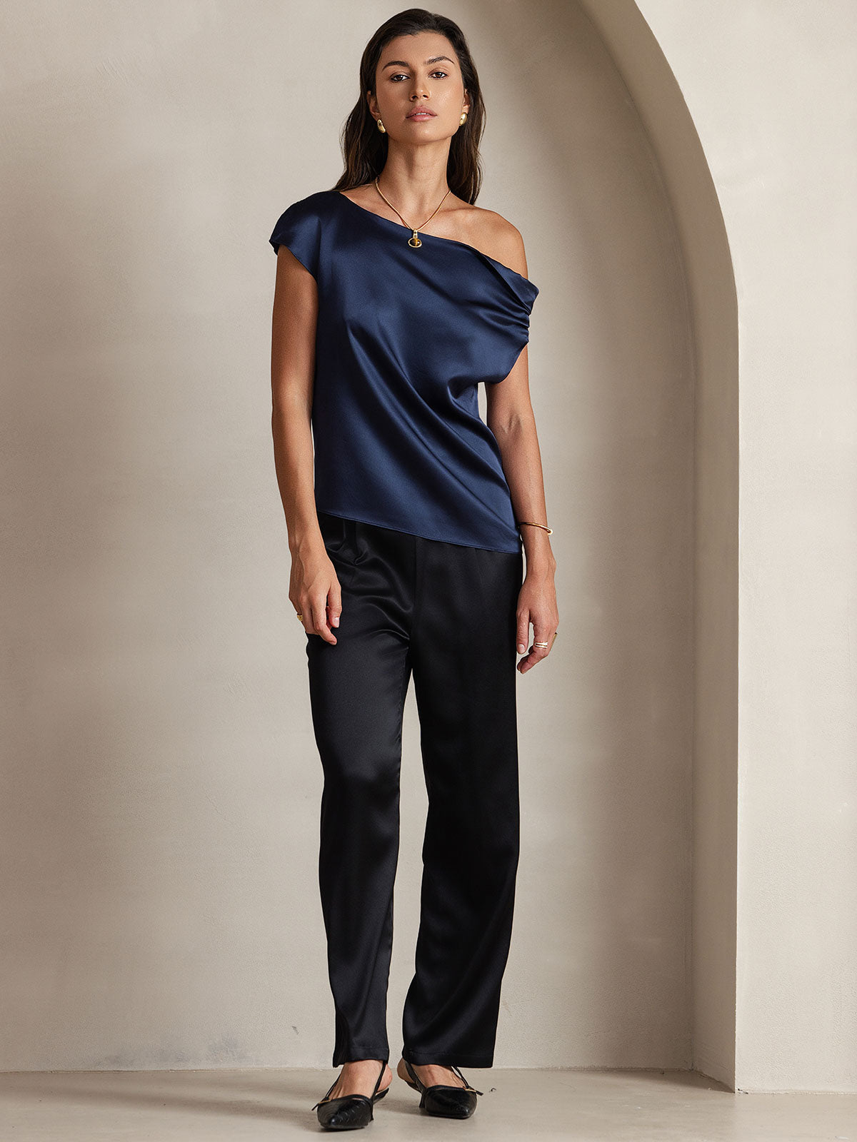 [Dark Blue] SilkSilky-CA 19Momme Silk One Shoulder Women's T-Shirt 005