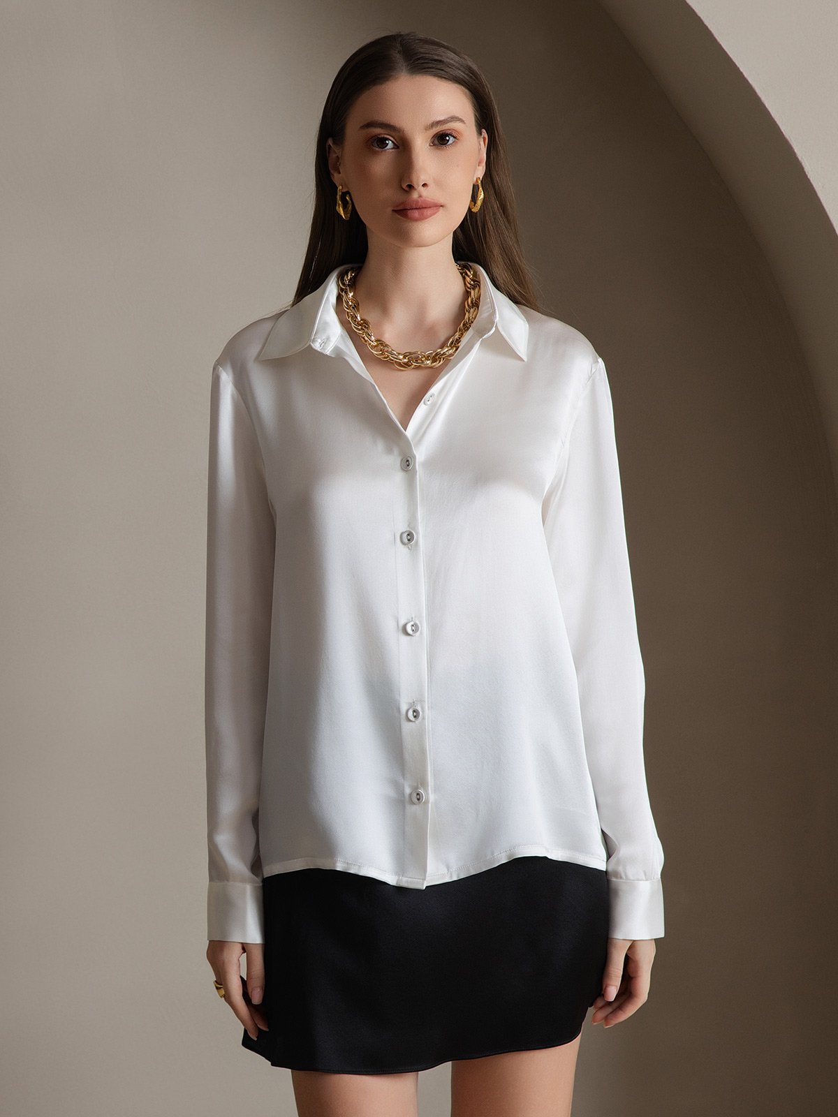 [White] SilkSilky-CA 19Momme Silk Long Sleeve Lapel Collar Women's Shirt 006