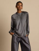 [Dark Gray] SilkSilky-CA 19Momme Stretch Silk Charmeuse Long Sleeve Round Neck Blouse 004