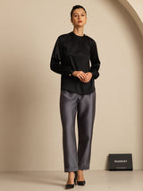 [Black] SilkSilky-CA 19Momme Stretch Silk Charmeuse Long Sleeve Round Neck Blouse 007