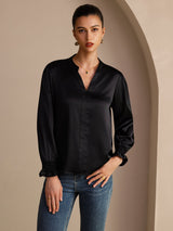 [Black] SilkSilky-CA Long Sleeve Split Women's Blouse 003
