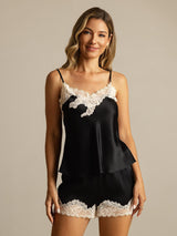 [Black] SilkSilky-CA Spaghetti Strap V Neck Camisole Set 001