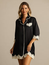 [Black] SilkSilky-CA Pure Silk Lapel Collar Nightshirt 003