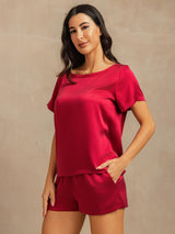 [Wine] SilkSilky-CA 19Momme Machine-Washable Silk Short Sleeve Round Neck Women's Pajamas 003