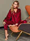 SilkSilky-CA Pure Silk Long Sleeve Lapel Women's Pajamas Wine 007