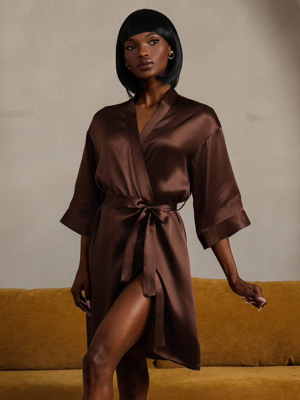 [Coffee] SilkSilky-CA Pure Silk Womens Robe 006