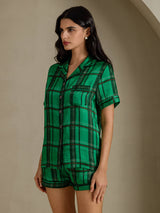 [Green Plaid] SilkSilky-CA Short Sleeve Notch Collar Women's Pajamas 003