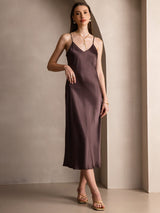 [Coffee] SilkSilky-CA Spaghetti Strap V Neck Dress 004
