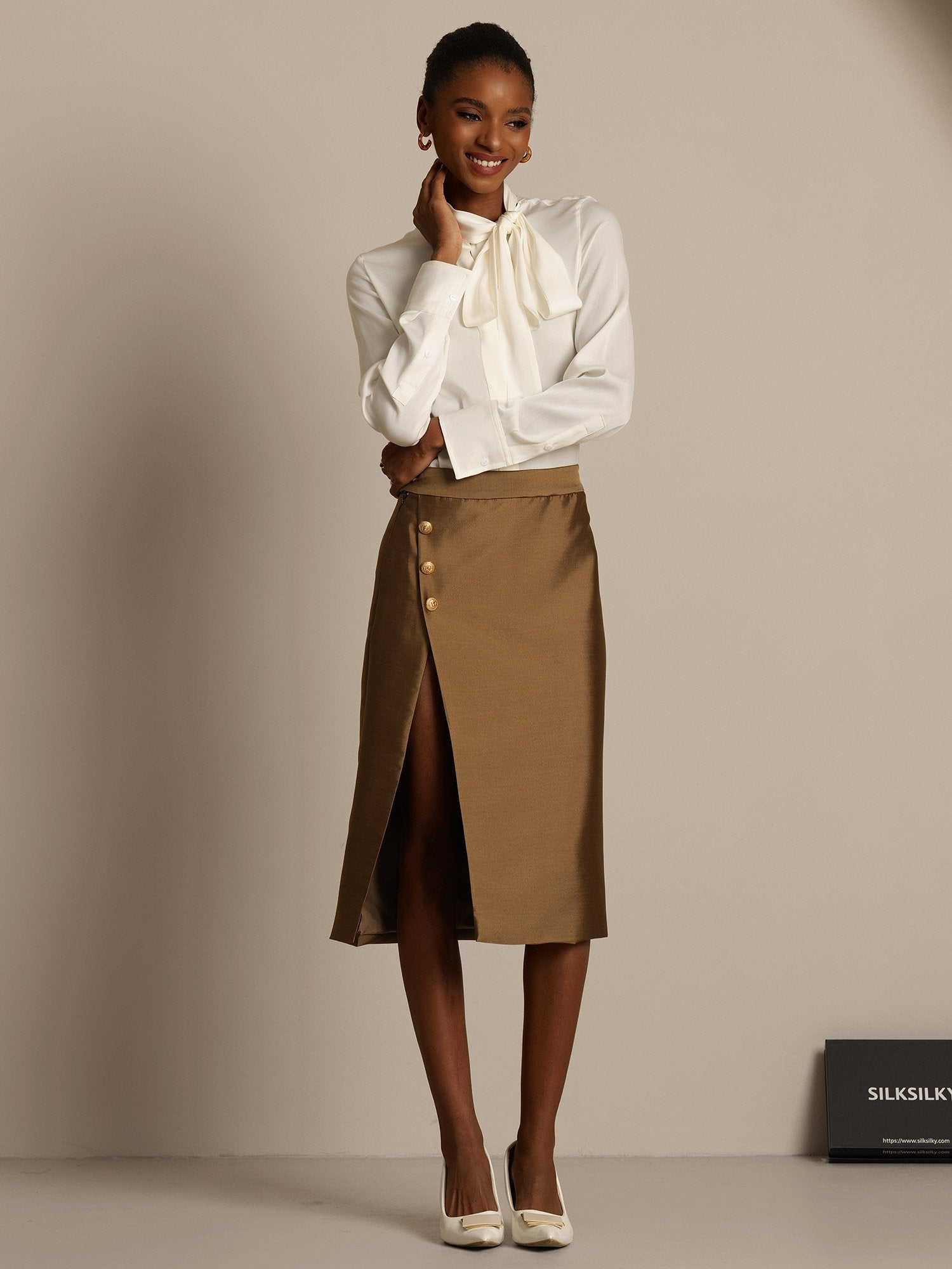 [Bronze] SilkSilky-CA 32Momme Silk-Wool Blend Split Skirt 007,
