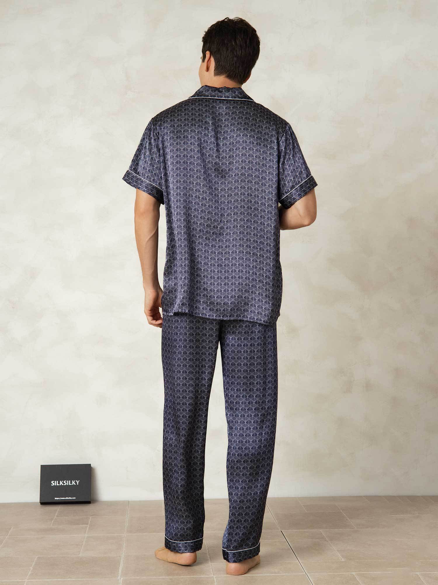 [NavyGinkgo] SilkSilky-CA Pure Silk Lapel Collar Men's Pajamas 002