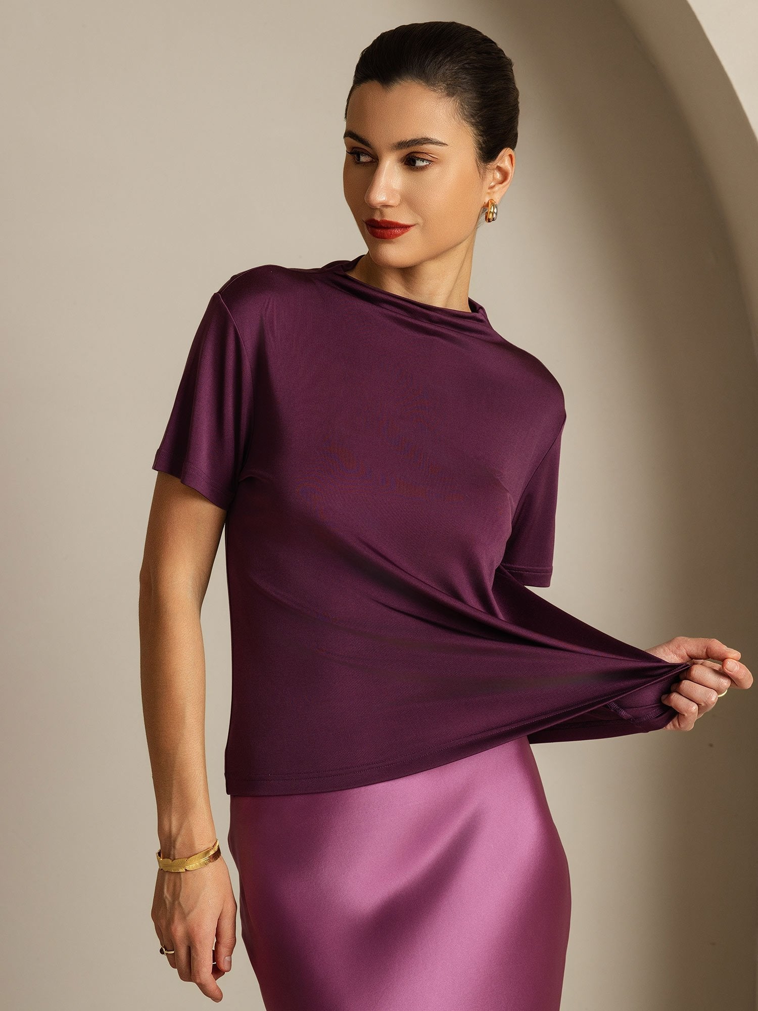 [Purple] SilkSilky-CA Pure Silk Collar Women's T-Shirt 001