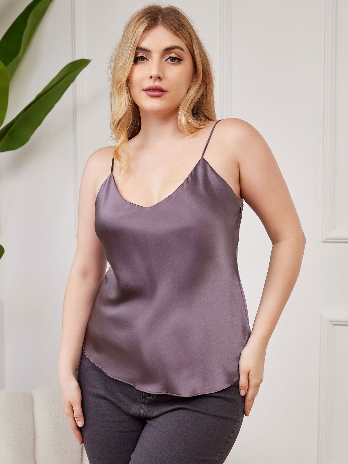 SilkSilky-CA Pure Silk Deep V Neck Plus Size Camisole Top PurpleGray 004