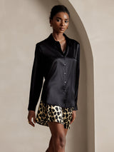 [Black] SilkSilky-CA 19Momme Stretch Silk Charmeuse Long Sleeve Lapel Collar Women's Shirt 003