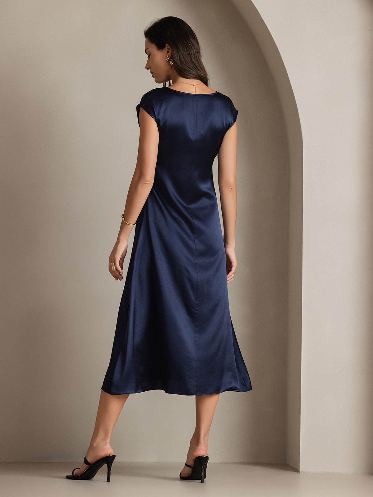 [Dark Blue] SilkSilky-CA 19Momme Silk Cap Sleeve Round Neck Dress 002