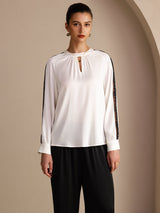 [White] SilkSilky-CA Long Sleeve Keyhole Neck Women's Blouse 001