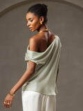 SilkSilky CA 19Momme Silk Sleeveless One Shoulder Women's T Shirt LightGreen 002