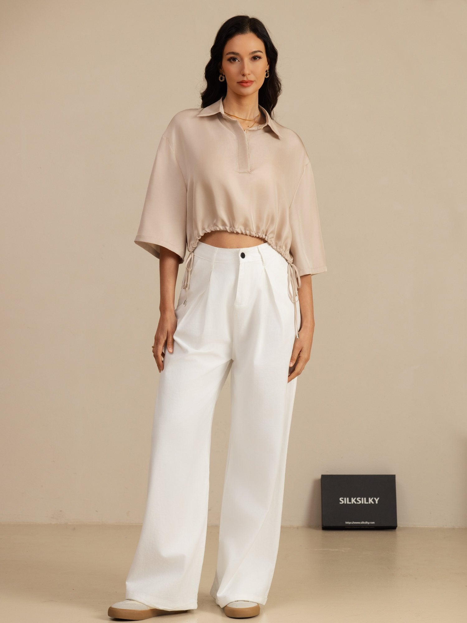 [Tan] SilkSilky-CA 18Momme Silk Satin Surah Half Sleeve Lapel Collar Blouse 006